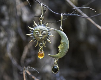 Sun and Moon Mismatched Earrings | Handmade Bronze Celestial Jewelry | Witchy Boho Dangle Earrings