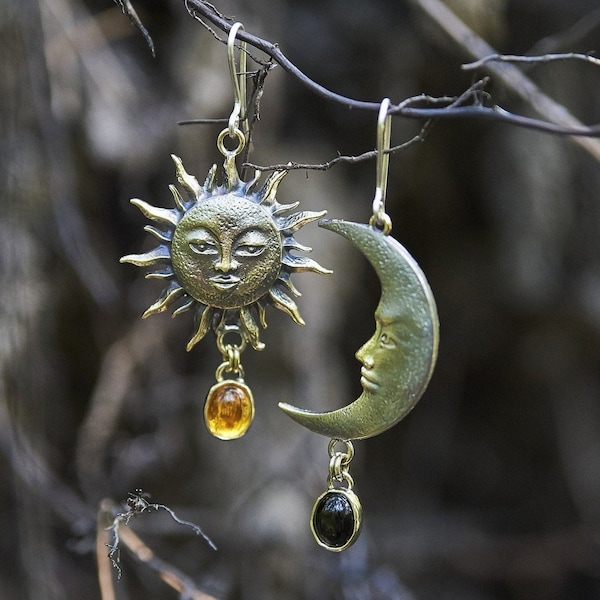 Sun and Moon Earrings, Mismatched Earrings, Bronze, Sterling Silver and Crystal, Sun and Moon Jewelry