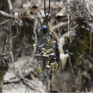 Witch Pendant Necklace | Handcrafted Magical Jewelry | Amulet with Blue Gemstone, Moon & Cat Charms