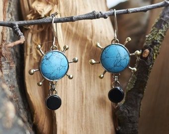 Turquoise and Onyx Drop Earrings, Unique Colorful Gemstone Earrings, Geometric Circle Earrings, Bronze and Silver Handmade Earrings, Gift