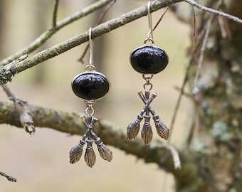 Witch Broom Earrings | Gothic Bronze Dangle Earrings with Black Crystals | Handmade Jewelry