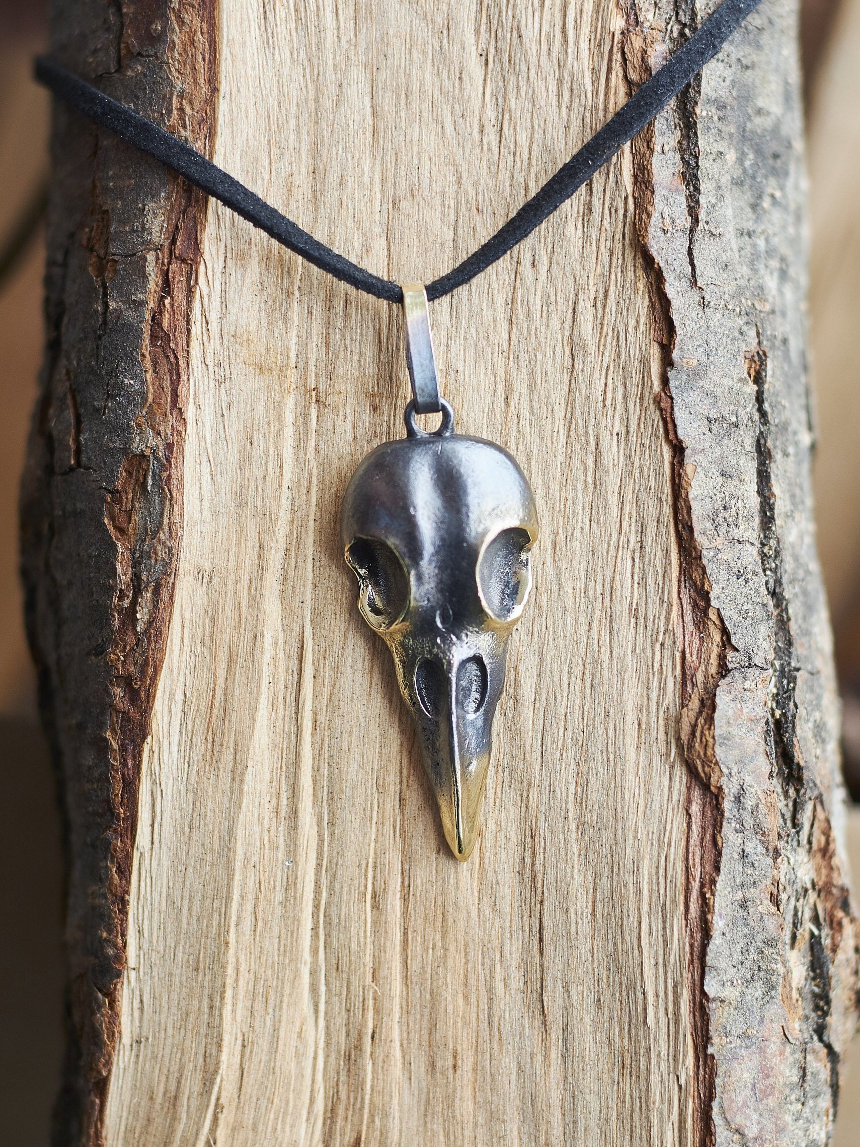 Raven Skull Necklace | Handmade Gothic Bronze Pendant | Eco