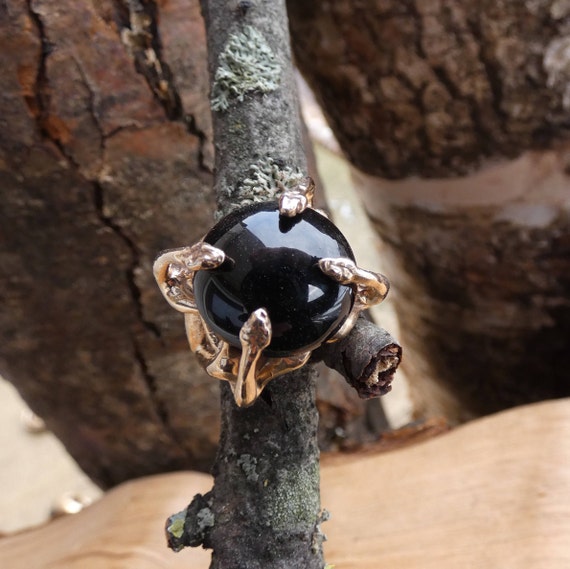 Gothic Black Gemstone Snake Ring | Handmade Witch Jewelry | Bronze or Sterling Silver Serpent Ring