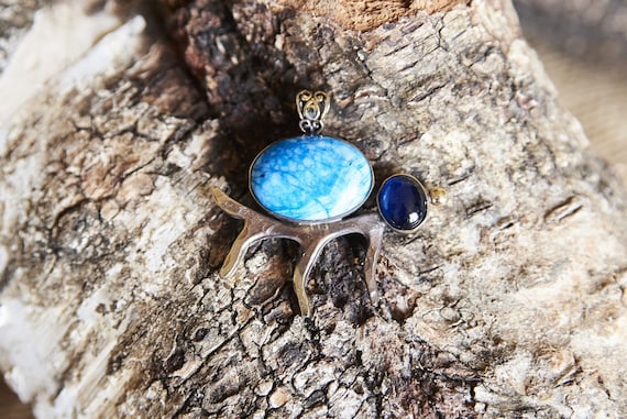 Handmade Blue Sea Sediment Jasper Pendant Necklace Boho Turquoise Gemstone Jewelry Artisan Bohemian Statement Necklace for Women