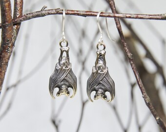Bat Earrings, Dangle and Drop, Bronze and Sterling Silver, Bat Jewelry, Gothic Witch Earrings, Witch Jewelry, Animal Earrings Bat Lover Gift