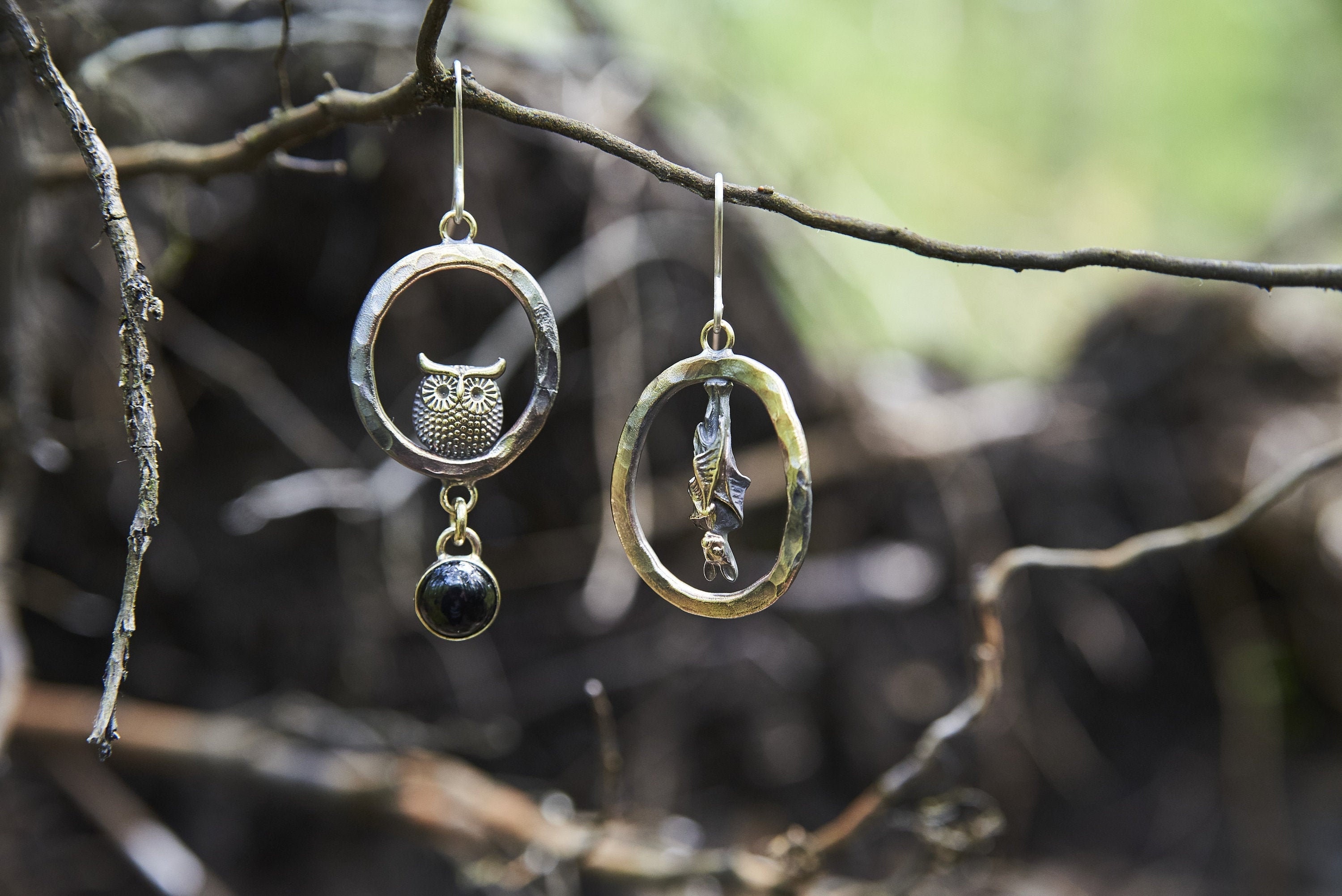 Mismatched Owl and Bat Earrings: Handmade Bronze & Silver Agate Hoops