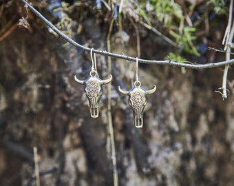 Handmade Bronze Bull Skull Earrings: Floral Engraved Studs