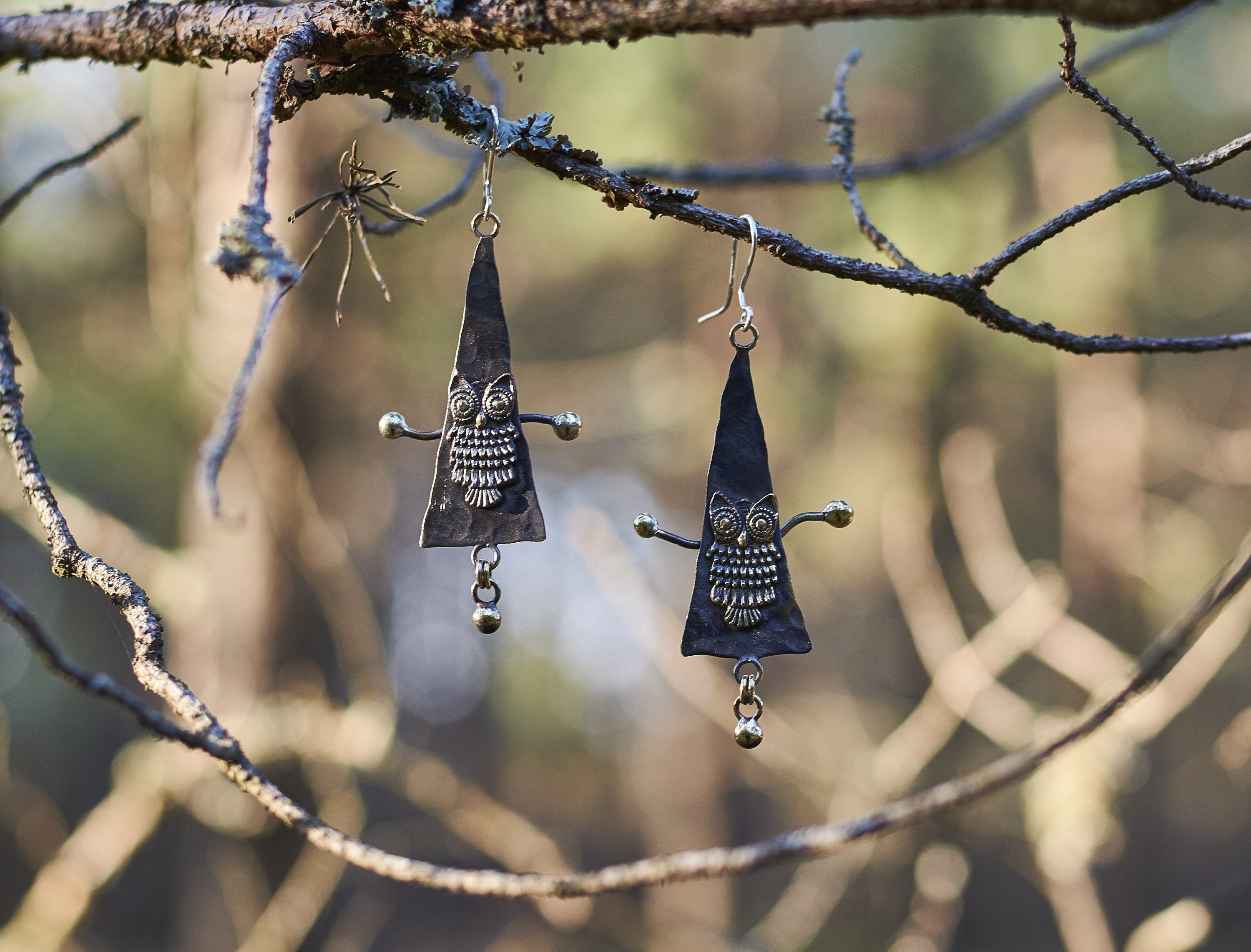 Gothic Owl Earrings | Handmade Bronze Triangle Drop Earrings | Nature Jewelry | Eco-Friendly Gift