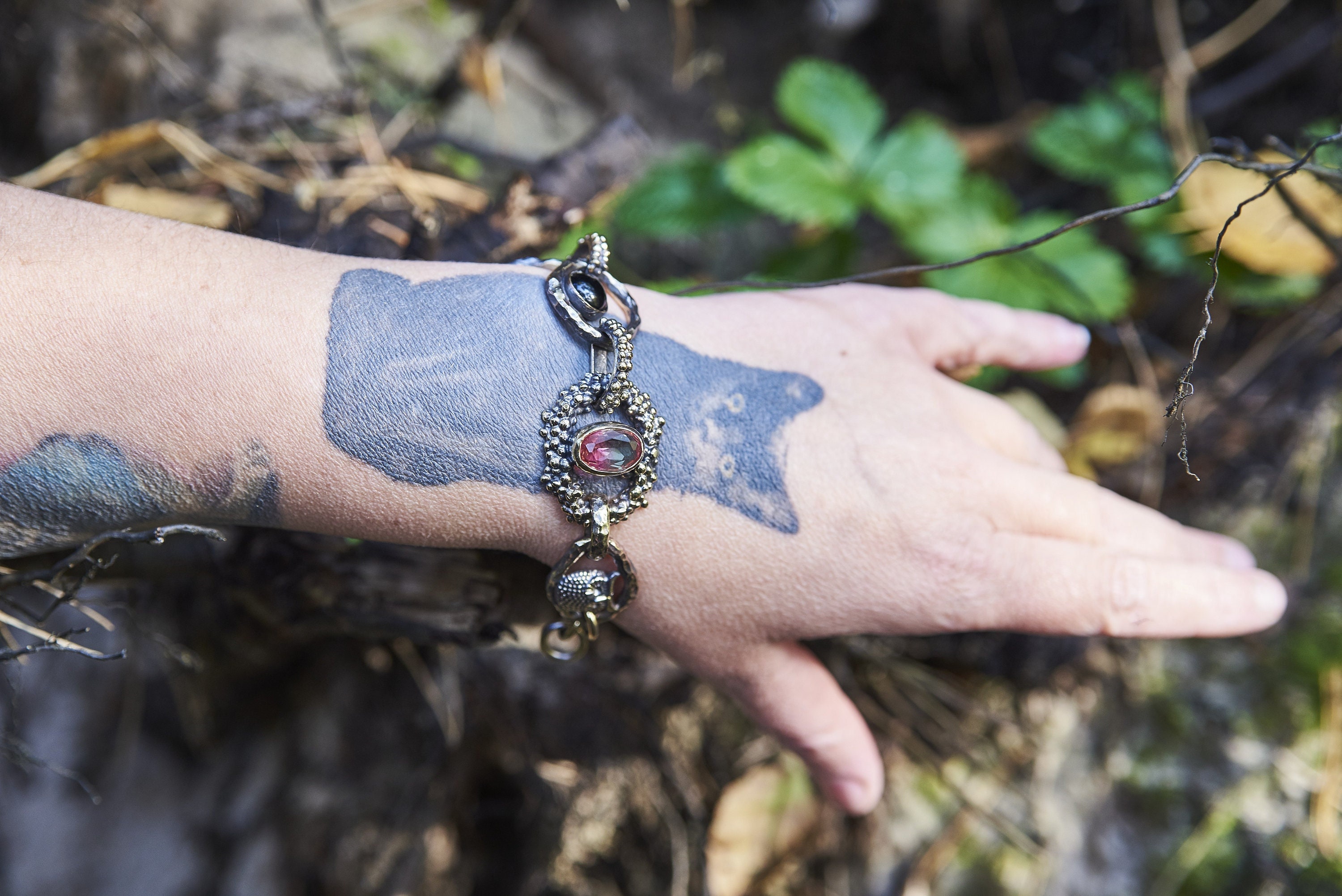 Handmade Owl Statement Bracelet: Gothic Bronze Gemstone Jewelry