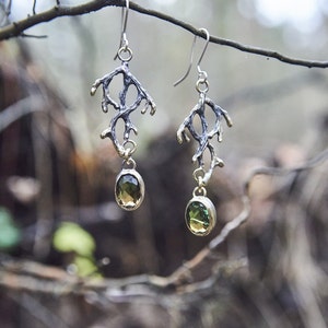 Witchy Twig Earrings with Gemstones | Bronze & Sterling Silver | Gothic Botanical Nature Jewelry | Handcrafted Eco-Friendly Gift for Her