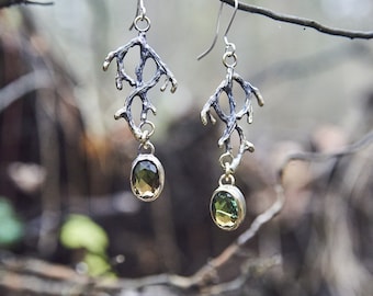 Witchy Twig Earrings with Gemstones, Bronze and Sterling Silver, Nature Earrings