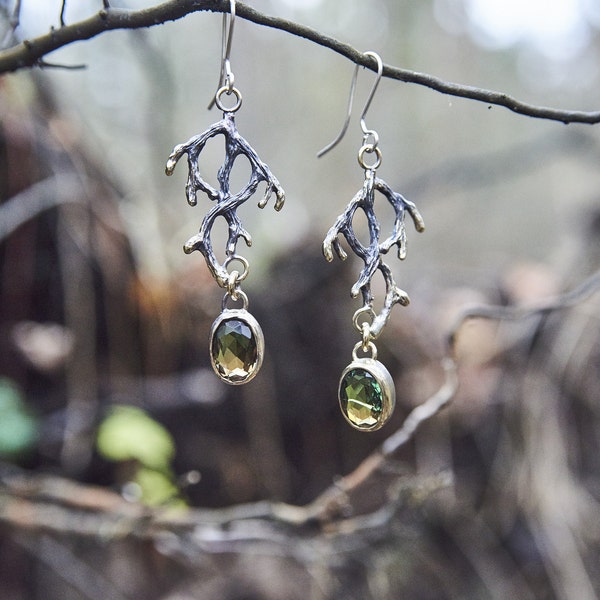 Orecchini ramoscelli stregati con pietre preziose, argento bronzo e argento sterling, orecchini natura