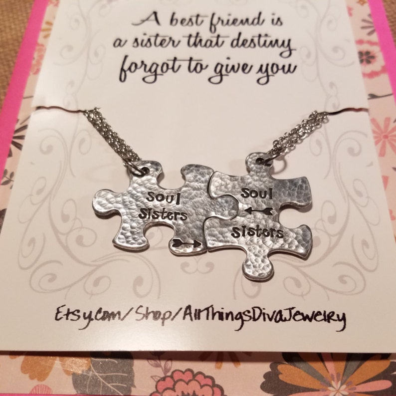 SOUL SISTERS necklace set with poem-handstamped arrow puzzle pieces