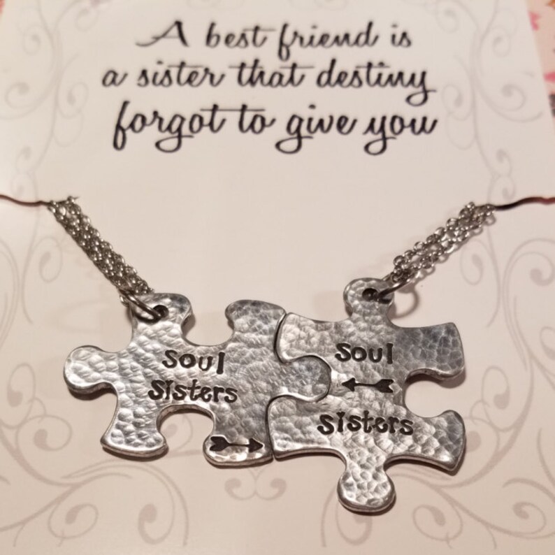 SOUL SISTERS necklace set with poem-handstamped arrow puzzle pieces