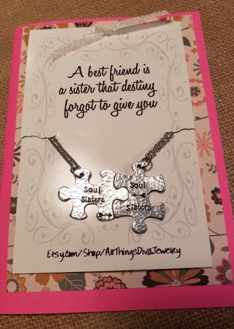 SOUL SISTERS necklace set with poem-handstamped arrow puzzle pieces