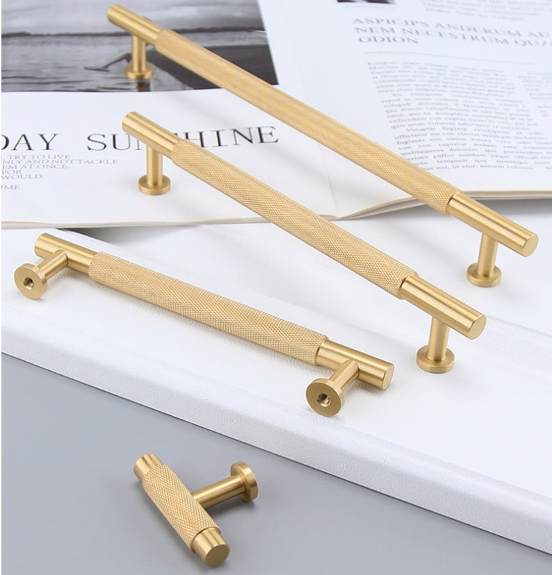 Knurled Brass Gold Handle Solid Brass Kitchen Handles Satin Etsy