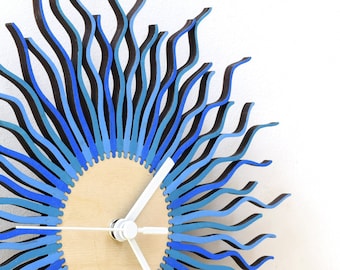 Modern blue clock for wall | Modern Sunburst or Starburst clock / Handmade decor for living room, analogue clock // Radium wall clock