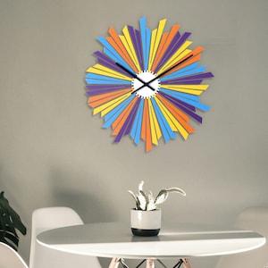 Large clock for living room / The Comet colorful wood clock for wall / Handmade and hand-painted wall clock
