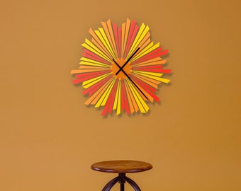 Yellow and Orange Sun Clock / Wood sunburst wall clock / Modern European oversized wood home decor // Setting Sun wall clock