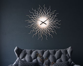 Large silver wall clock, oversized wall decor / Unusual gray clock for modern living room, starburst & sunburst clock // Medusa silver clock