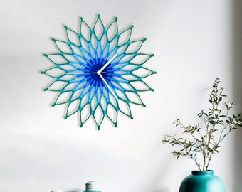 Peacock colorful wall clock: handmade modern blue, teal / turquoise, green wall decor / Ombre boho clock // Fireworks Peacock unique clock