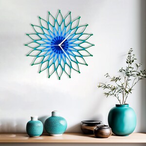 Peacock colorful wall clock: handmade modern blue, teal / turquoise, green wall decor / Ombre boho clock // Fireworks Peacock unique clock