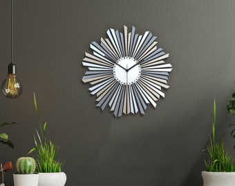 Silver wall clock | Modern Sun clock, large wall decor / Contemporary silver wall clock / Metallic acrylic silver clock // The Sirius clock