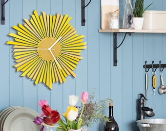 Yellow and Gold Sun clock, wood handmade home decor, sunburst / starburst wall clock unique, modern clock // THE SUN wall clock by ardeola