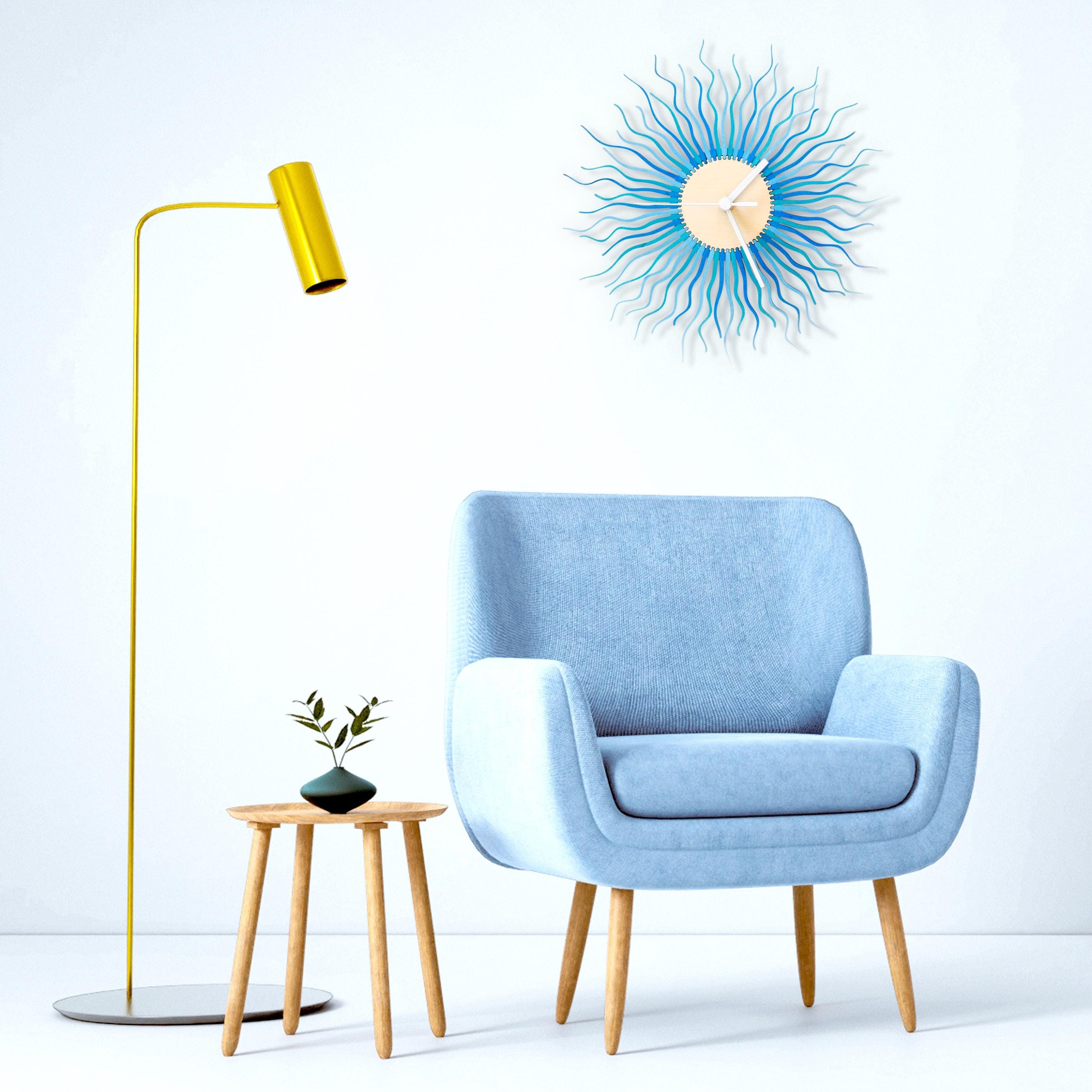 Modern blue clock for wall | Modern Sunburst or Starburst clock / Handmade decor for living room, analogue clock // Radium wall clock
