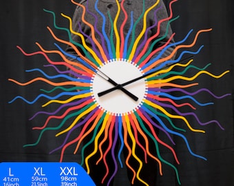 Large colorful wall clock, handmade unique wooden wall clock, sunburst / starburst clock, bohemian wall art // MEDUSA rainbow wood clock