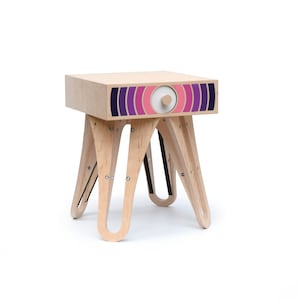 Modern nightstand with colorful drawer front - hand-painted pink / purple // Robot crescents wooden nightstand