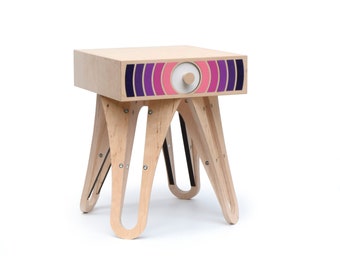 Modern nightstand with colorful drawer front - hand-painted pink / purple // Robot crescents wooden nightstand