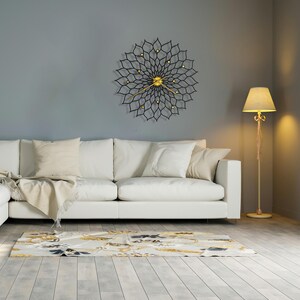 Extra large size black / yellow wall clock with floral pattern - Gigantic Sunflower Black