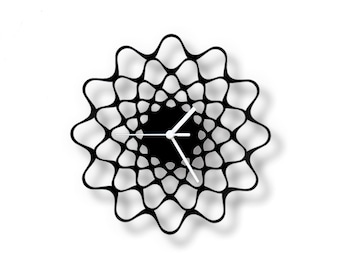 Puede incluir: Reloj de pared negro y blanco con un diseño geométrico. La esfera del reloj es negra con agujas blancas.