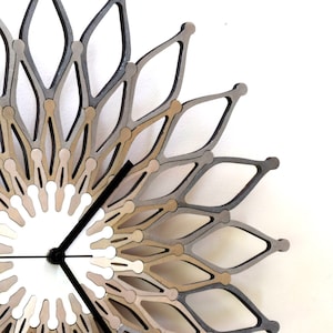 Puede incluir: Una esfera de reloj blanca con agujas negras está rodeada por un diseño decorativo de madera en capas en tonos marrones y grises. El diseño se asemeja a una flor o un sol.
