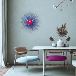 Colorful pink and blue clock: modern large wood wall clock for living room // MEDUSA blue wooden wall clock