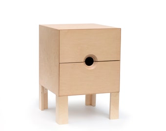 Natural wood nightstand with two drawers and a central circular opening - Cubus single hole