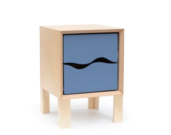 Modern natural wood nightstand with 2 blue drawers, Scandinavian night stand, attractive side table // Cubus wavy