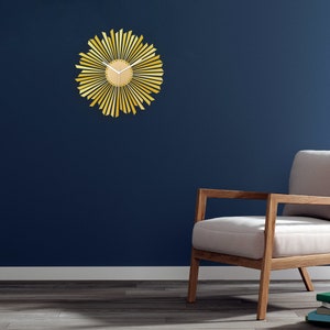 Large Yellow Sunburst Wall Clock, Modern Gold Statement Decor