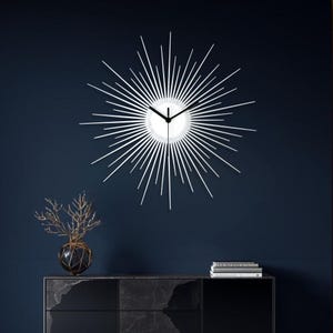 Reloj de pared plateado con diseño de sol, hecho a mano en madera de abedul, con decoración de estrellas, reloj grande y moderno – Big Bang