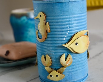 Nautic Pot / Upcycled Tin can/ Fish/Crab/Seahorse/ Home office décor/ Ocean lover/Tropical cylinder