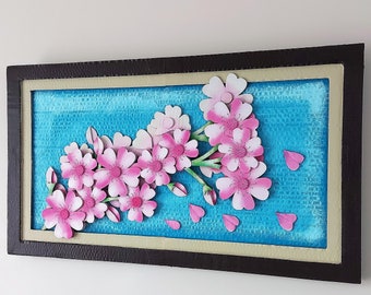 Cherry Blossoms on a 3D Composition Frame. A beautiful and unique upcycled cardboard Art.