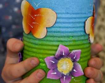 Butterflies Penholder / Upcycled Tin can/ Fish/Turtles/Bunnies/ Home office décor/ Animal lover/Colorful cylinder/ eco gifts