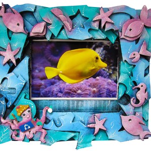 Marco de océano. Marco de fotos de cartón para pared de 10 x 15 cm. Marco con pez, pulpo, buzo y caballito de mar.