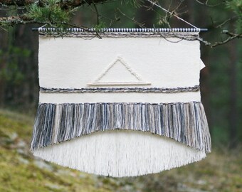 Scandinavian woven wall hanging, Grey and white tapestry, Vintage inspired fiber art, Large macrame wall decor, Gift for wife