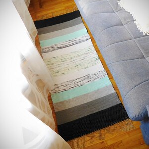 Handwoven rug rag scandinavian rug, woven colorful farmhouse runner, bathroom rug rag, cotton nursery rug, gray grey mint white rug
