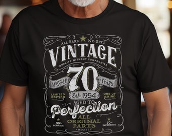 Vintage 70th Birthday T-shirt For Him, Aged To Perfection, Vintage 1954, Funny Grandpa Birthday Gift, Original Parts Birthday Shirt 70-1954