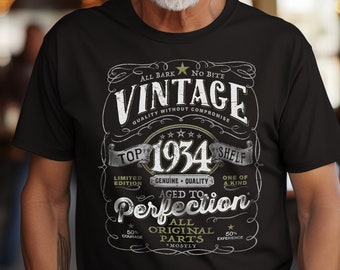 Vintage 1934 90th Birthday T-shirt For Men or Women, Birthday Gift Shirt for Grandma, Grandpa 90th Shirt, Vintage Aged To Perfection V-1934