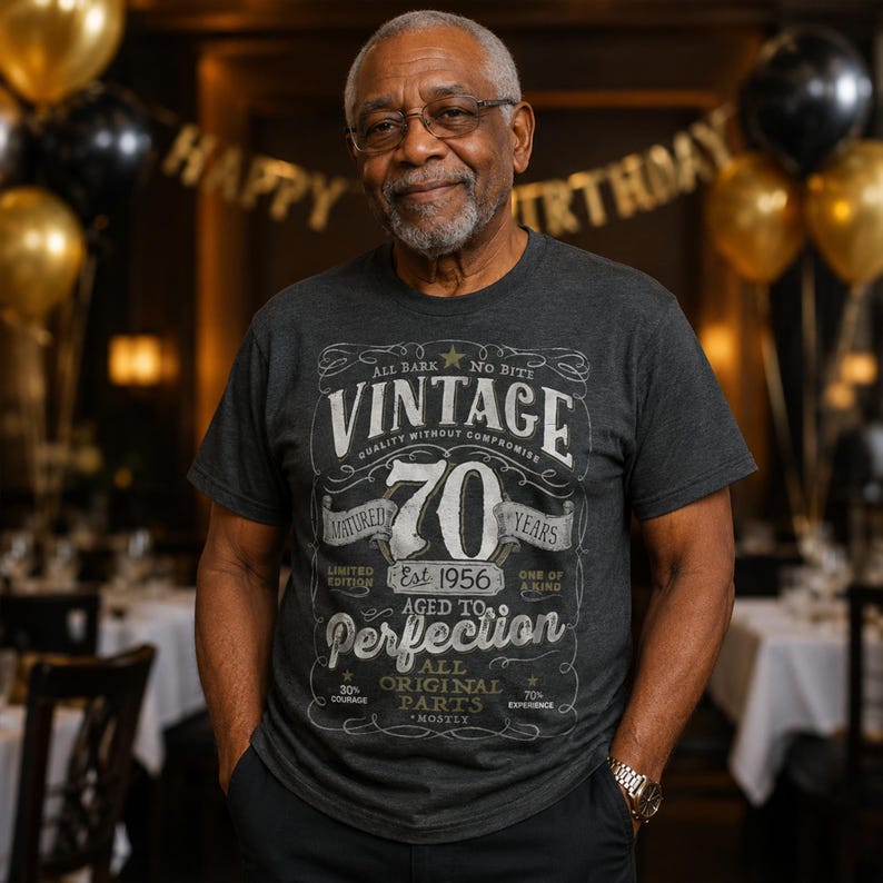May include: A dark gray short-sleeve t-shirt featuring a white graphic print that reads VINTAGE 70 YEARS MATURED EST 1956 AGED TO PERFECTION ALL ORIGINAL PARTS MOSTLY along with other text including ALL BARK NO BITE and 30% COURAGE 70% EXPERIENCE.