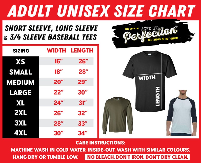 K&ouml;nnte beinhalten: Gr&ouml;&szlig;entabelle f&uuml;r Unisex-Baseball-T-Shirts f&uuml;r Erwachsene mit kurzen, langen und 3/4 &Auml;rmeln. Die Tabelle zeigt die Gr&ouml;&szlig;en XS bis 4XL mit den entsprechenden Breiten- und L&auml;ngenma&szlig;en in Zoll. Die Tabelle enth&auml;lt auch Pflegehinweise zum Waschen, Trocknen und B&uuml;geln der T-Shirts.